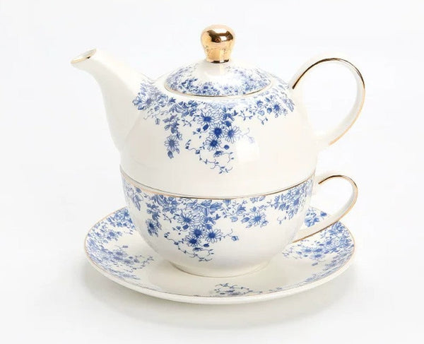 Mother and Baby Teapot with Matching Saucer British Style Porcelain Teapot with Matching Cup and Saucer in Gift Box, Ceramic Tea Pot with Integrated Cup, Stackable Teapot and Cup Set-ArtWorkCrafts.com