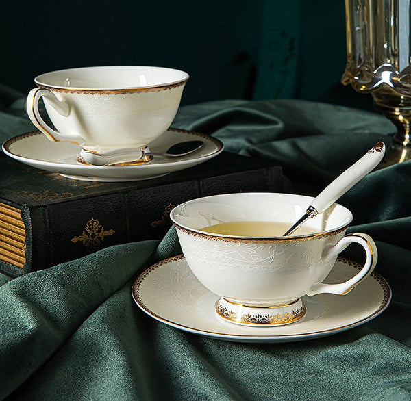 Porcelain Coffee Cup Set, White Ceramic Cups, 7.8 oz British Ceramic Coffee Cups, Unique Tea Cup and Saucer in Gift Box-ArtWorkCrafts.com
