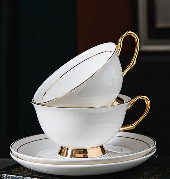 White Ceramic Cups, Elegant British Ceramic Coffee Cups, 7.8 oz Porcelain Tea Cup Saucer Set, Unique Tea Cup and Saucer in Gift Box-ArtWorkCrafts.com