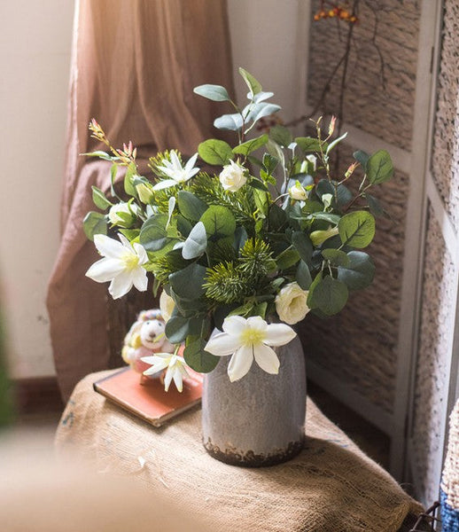 Eucalyptus Globulus, Clematis, White Rose Flowers, Unique Flower Arrangement for Home Decoration, Beautiful Modern Artificial Flowers for Dining Room Table-ArtWorkCrafts.com