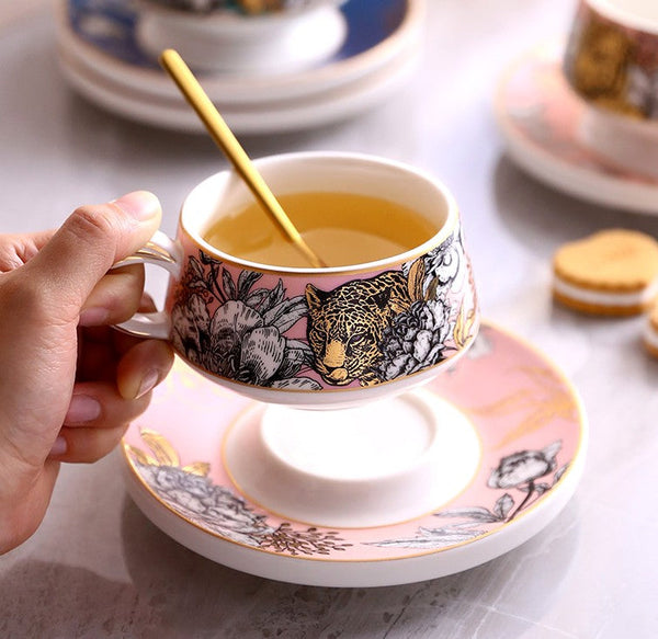 Jungle Tiger Cheetah Porcelain Tea Cups, Creative Ceramic Cup and Saucer, Unique Ceramic Coffee Cups with Gold Trim and Gift Box-ArtWorkCrafts.com