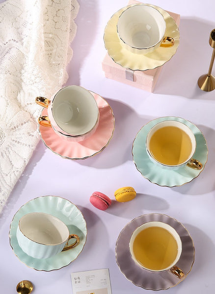 Elegant Macaroon Ceramic Coffee Cups, Beautiful British Tea Cups, Creative Porcelain Tea Cup Saucer Set of 2 Cups, 6.8 oz Tea Cup and Saucer in Gift Box as Birthday Gift-ArtWorkCrafts.com