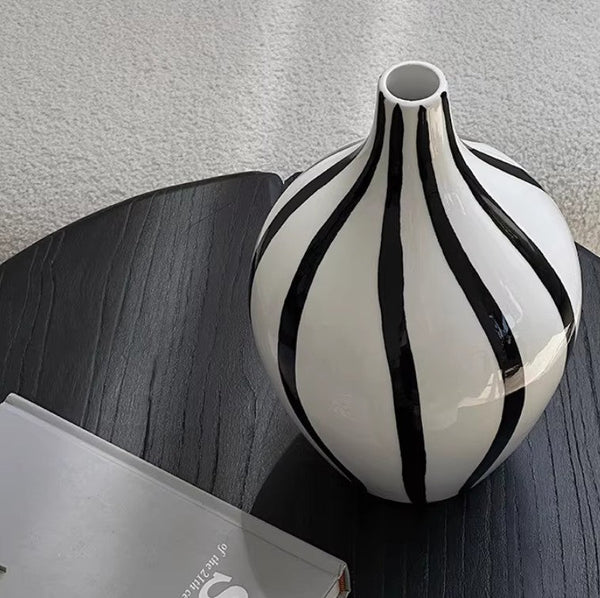 Water Holding Flower Vases, Black and White Striped Ceramic Vase, Porcelain Flower Vases, Modern Flower Vases on Table-ArtWorkCrafts.com