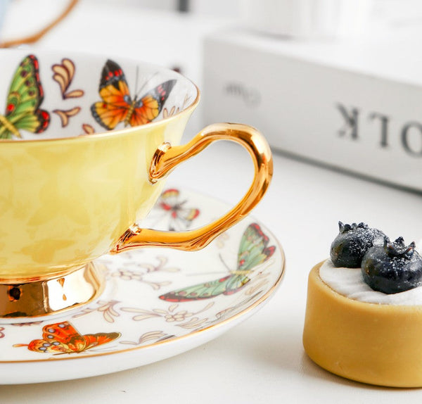 Unique Butterfly Coffee Cups and Saucers, Creative Butterfly Ceramic Coffee Cups, Beautiful British Tea Cups, Creative Bone China Porcelain Tea Cup Set-ArtWorkCrafts.com