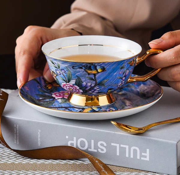 Blue Bird and Butterfly Porcelain Tea Cup Saucer Set, 7.4 oz British Tea Cup and Saucer in Gift Box, Elegant British Ceramic Coffee Cups-ArtWorkCrafts.com
