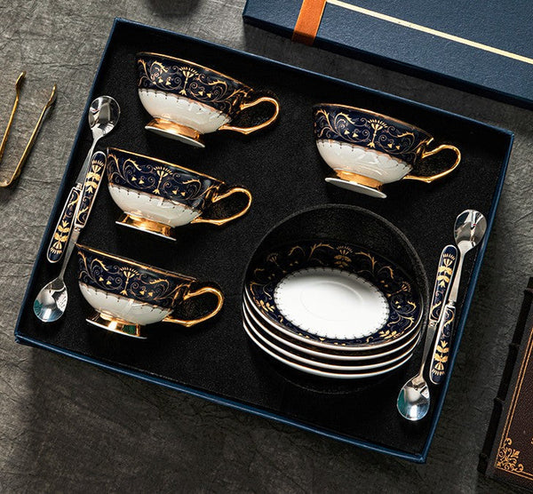 Unique Blue Tea Cup and Saucer in Gift Box, Blue Bone China Porcelain Tea Cup Set, Royal Ceramic Cups, Elegant Ceramic Coffee Cups-ArtWorkCrafts.com