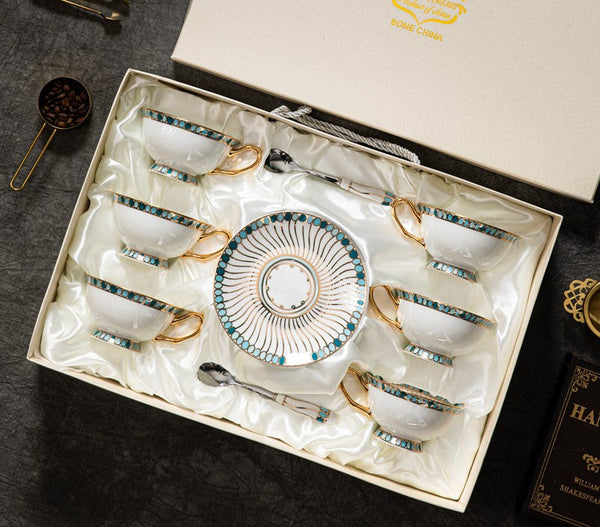 Unique Tea Cup and Saucer in Gift Box, Elegant British Ceramic Coffee Cups, Bone China Porcelain Tea Cup Set for Office, Green Ceramic Cups-ArtWorkCrafts.com