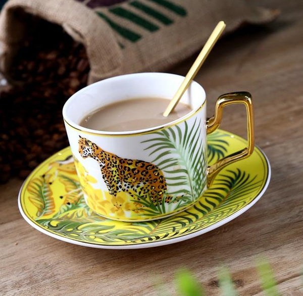 Coffee Cups with Gold Trim and Gift Box, Jungle Leopard Pattern Porcelain Coffee Cups, 7.4 oz Tea Cup and Saucer-ArtWorkCrafts.com
