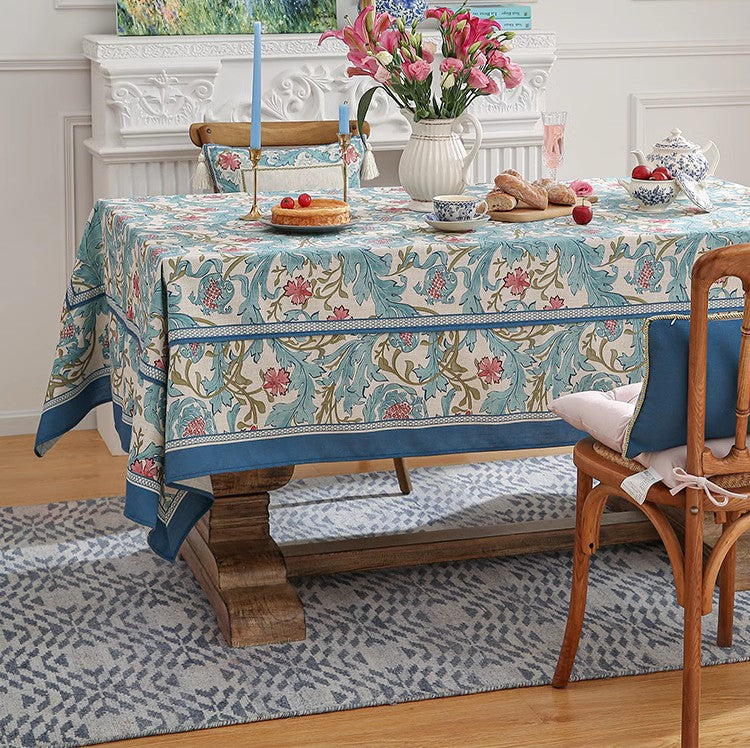 Square Linen Tablecloth for Coffee Table, Blue Flower Rectangle Table Cloth, Modern Rectangular Tablecloth Ideas for Dining Table-ArtWorkCrafts.com
