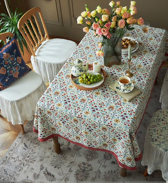 Large Rectangle Tablecloth for Home Decoration, Square Tablecloth for Round Table, Farmhouse Table Cloth Dining Room Table, Flower Pattern Tablecloth-ArtWorkCrafts.com