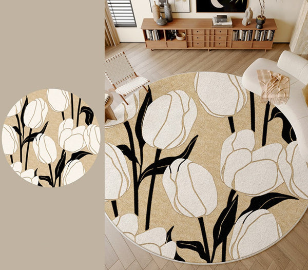 Tulip Circular Modern Rugs under Chairs, Geometric Round Rugs for Dining Room, Bedroom Abstract Modern Area Rugs, Contemporary Modern Rugs for Living Room-ArtWorkCrafts.com