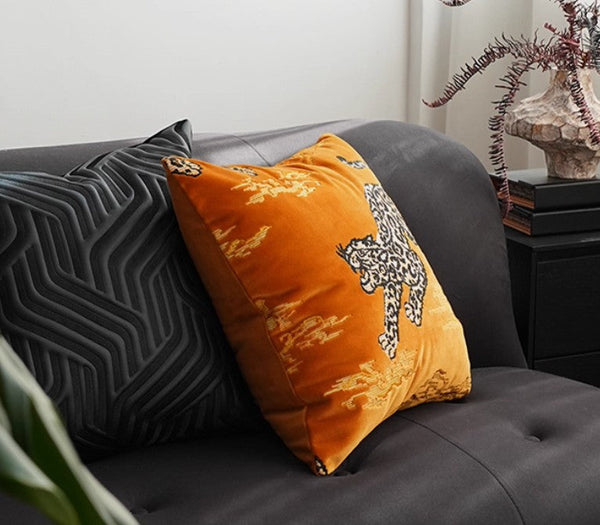 Contemporary Modern Sofa Pillows, Yellow Embroidery Tiger Pattern Pillows for Couch, Decorative Throw Pillows for Bedroom, Large Modern Sofa Pillow for Living Room