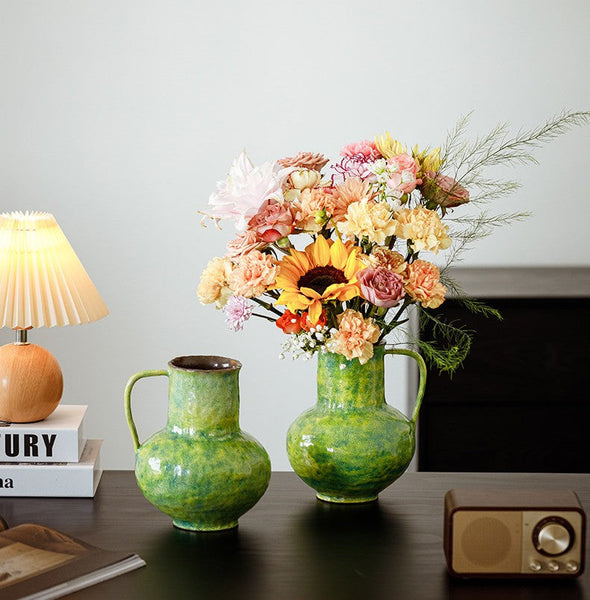 Centerpiece on Dining Table, Modern Pottery Flower Vases, Handmade Water Holding Flower Vases, Pottery Bud Vases, Large Green Flower Vases on Table-ArtWorkCrafts.com