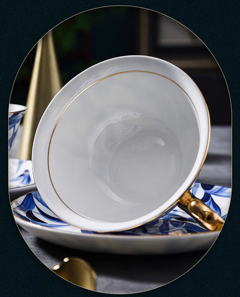 Unique British Tea Cup and Saucer in Gift Box, Blue Porcelain Tea Cup Saucer Set, 7.4 oz British Ceramic Coffee Cups-ArtWorkCrafts.com