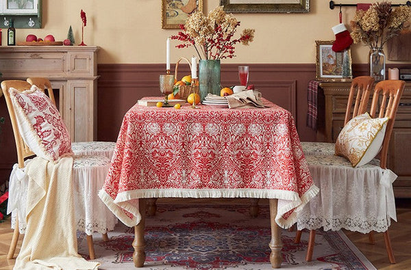 Large Fiberflax Rectangle Tablecloth for Home Decoration, Red Flower Pattern Tablecloth for Holiday Decoration, Square Tablecloth for Round Table-ArtWorkCrafts.com