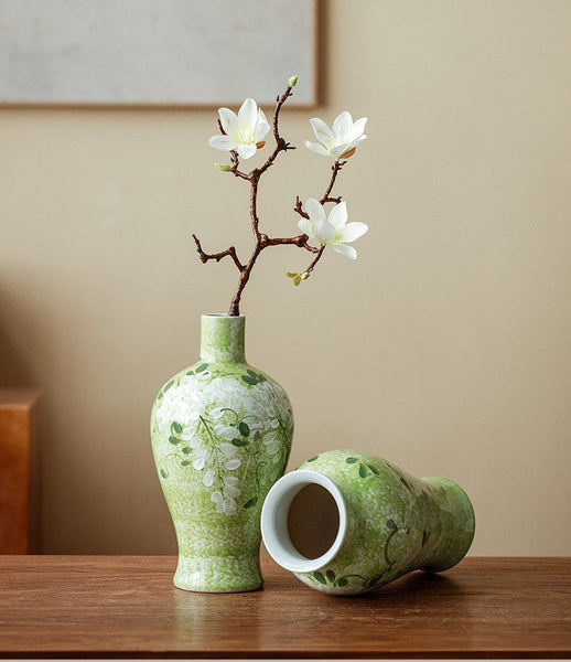 Centerpiece Ceramic Bud Vases, Large Flower Vases on Table, Green Porcelain Flower Vases, Handmade Water Holding Flower Vase-ArtWorkCrafts.com