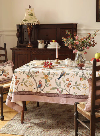 Tablecloth for Round Table, Simple Modern Rectangle Tablecloth Ideas for Oval Table, Bird and Fruit Tree Kitchen Table Cover, Linen Table Cover for Dining Room Table-ArtWorkCrafts.com