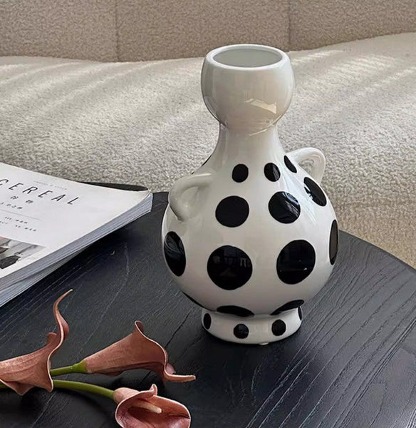 Ceramic Bud Vases, Small Flower Vases on Table, Black and White Polka Dot Flower Vase, Modern Porcelain Flower Vases, Handmade Water Holding Flower Vases-ArtWorkCrafts.com
