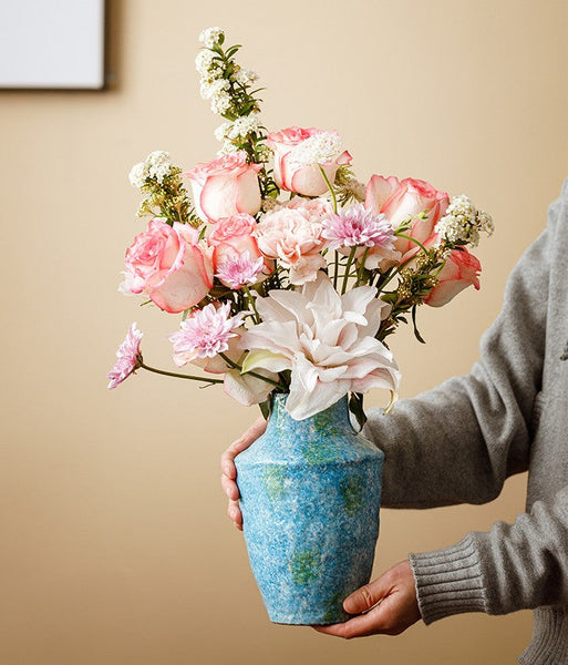 Pottery Flower Vases, Modern Bouquet Flower Vases, Centerpiece on Dining Table, Blue Flower Vase on Table, Handmade Water Holding Flower Vases-ArtWorkCrafts.com