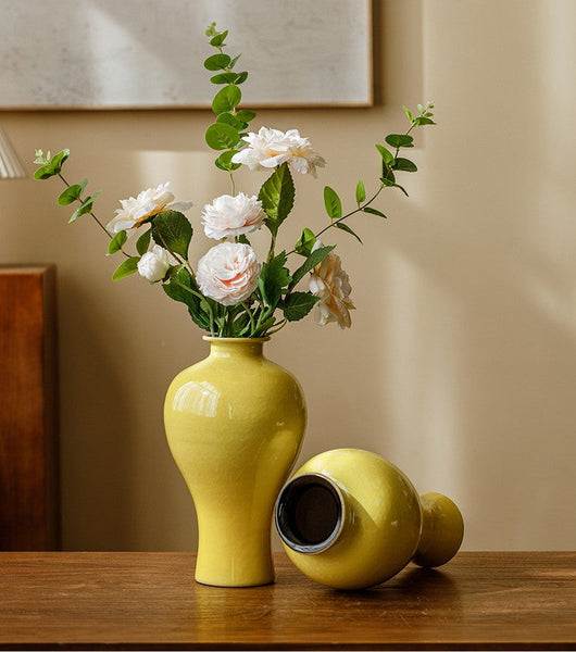 Porcelain Flower Vases, Handmade Water Holding Flower Vase, Yellow Flower Vases on Table, Ceramic Bud Vases-ArtWorkCrafts.com