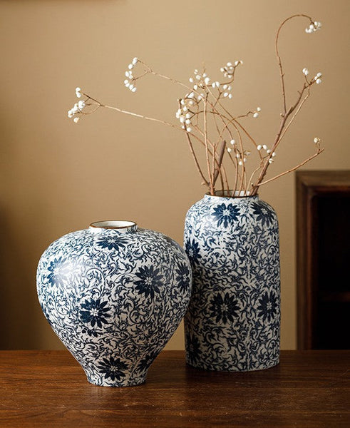 Centerpiece on Dining Table, Large Blue Flower Vase on Table, Vintage Bouquet Flower Vases, Handmade Porcelain Flower Vases Urn, Water Holding Flower Vases-ArtWorkCrafts.com