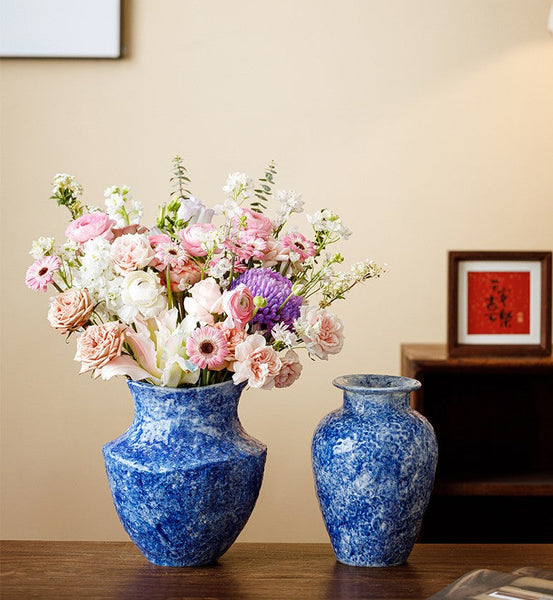 Handmade Water Holding Flower Vases, Centerpiece on Dining Table, Blue Pottery Bud Vases, Large Flower Vases on Table, Modern Pottery Flower Vases-ArtWorkCrafts.com