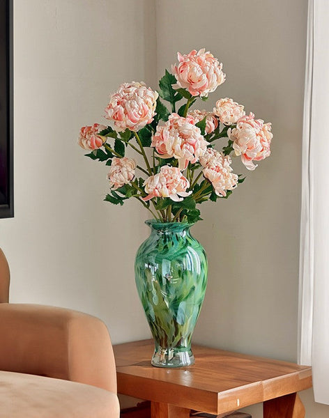 Large Green Glass Flower Vases, Modern Glass Flower Vases, Water Holding Flower Vases, Handmade Flower Vases on Table