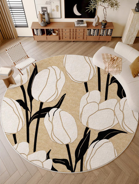 Tulip Circular Modern Rugs under Chairs, Geometric Round Rugs for Dining Room, Bedroom Abstract Modern Area Rugs, Contemporary Modern Rugs for Living Room-ArtWorkCrafts.com