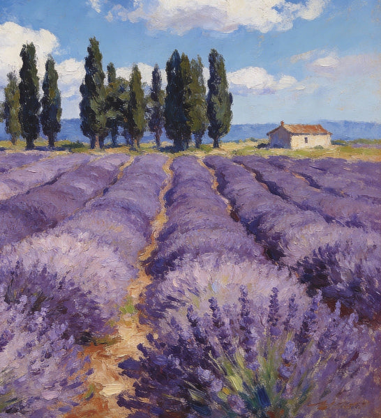 On Canvas Small Paintings, Rural Provence Idyll, Lavender Fields, Trees, and a Cottage, Landscape Canvas Paintings, Simple Painting Ideas, Hand Painted Wall Art, Small Wall Paintings-ArtWorkCrafts.com