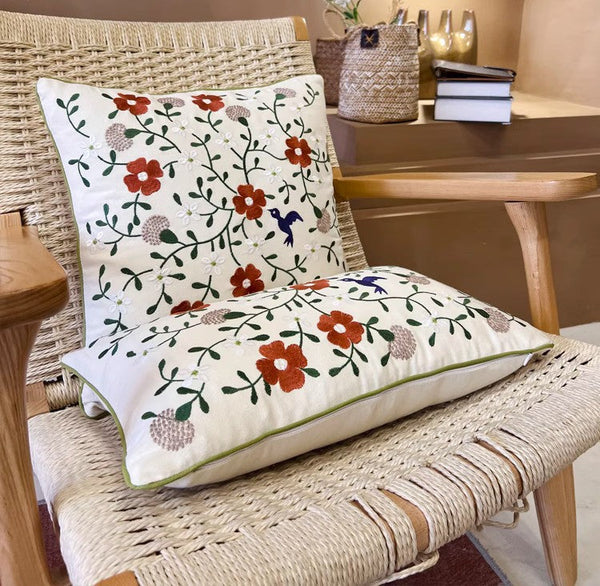 Bird Spring Flower Decorative Throw Pillows, Farmhouse Sofa Decorative Pillows, Embroider Flower Cotton Pillow Covers, Flower Decorative Throw Pillows for Couch-ArtWorkCrafts.com