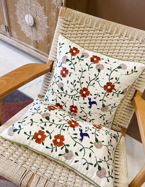 Bird Spring Flower Decorative Throw Pillows, Farmhouse Sofa Decorative Pillows, Embroider Flower Cotton Pillow Covers, Flower Decorative Throw Pillows for Couch-ArtWorkCrafts.com