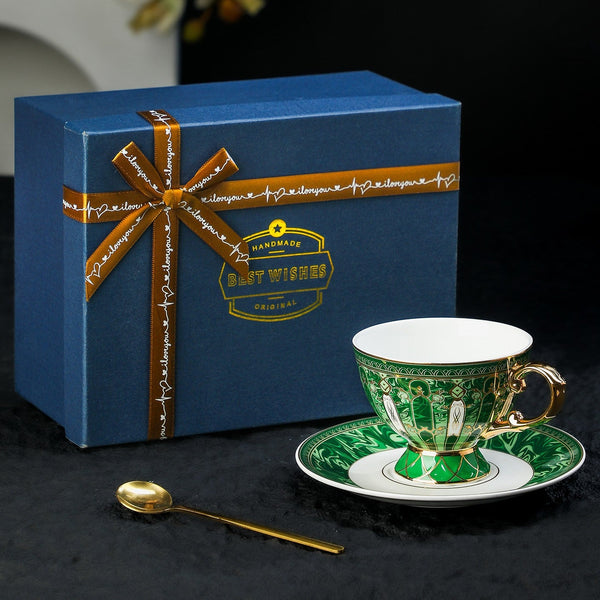 Porcelain Tea Cup and Saucer Set, British Royal Tea Cup and Saucer in Gift Box, 8 oz British Green Tea Cup set, Elegant Ceramic Coffee Cups-ArtWorkCrafts.com