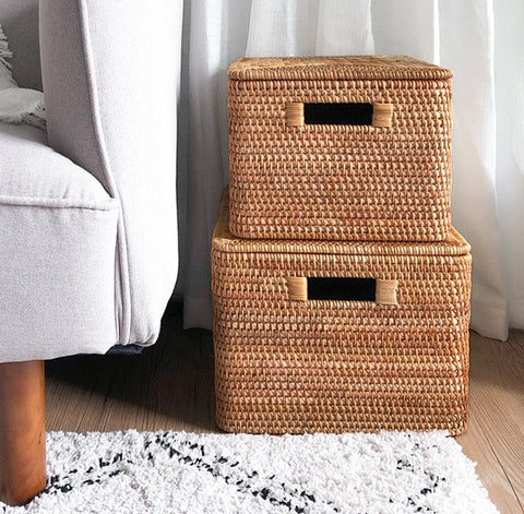Rectangular Storage Basket with Lid, Rattan Storage Basket for Shelves, Extra Large Storage Baskets for Bedroom, Storage Baskets for Clothes-ArtWorkCrafts.com