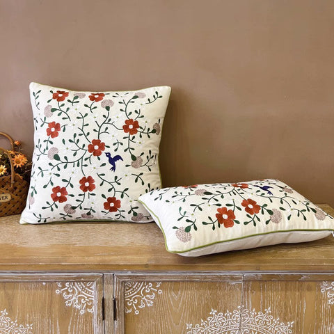 Bird Spring Flower Decorative Throw Pillows, Farmhouse Sofa Decorative Pillows, Embroider Flower Cotton Pillow Covers, Flower Decorative Throw Pillows for Couch-ArtWorkCrafts.com