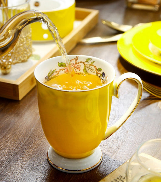 Creative Yellow Bone China Porcelain Tea Cup, Elegant Yellow Ceramic Mug, Unique Royal Ceramic Mugs, Beautiful British Tea Cups-ArtWorkCrafts.com