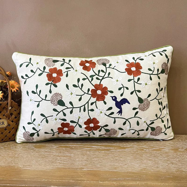 Bird Spring Flower Decorative Throw Pillows, Farmhouse Sofa Decorative Pillows, Embroider Flower Cotton Pillow Covers, Flower Decorative Throw Pillows for Couch-ArtWorkCrafts.com