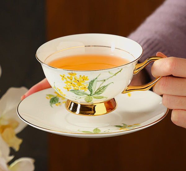 Elegant Floral Ceramic Coffee Cup and Saucer, 7.4 oz Flower Tea Cup and Saucer Set, British Royal Ceramic Tea Cups for Traditional Afternoon Tea, Porcelain Tea Cup and Saucer Set in Gift Box-ArtWorkCrafts.com