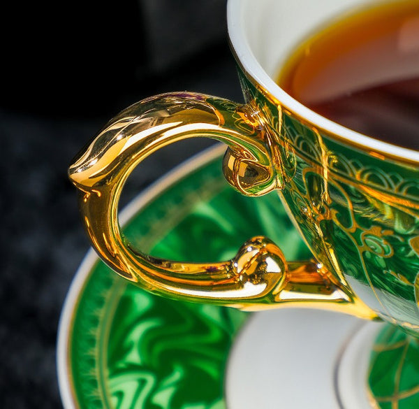 Porcelain Tea Cup and Saucer Set, British Royal Tea Cup and Saucer in Gift Box, 8 oz British Green Tea Cup set, Elegant Ceramic Coffee Cups-ArtWorkCrafts.com