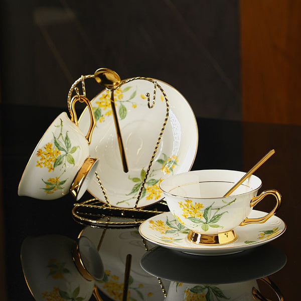 Elegant Floral Ceramic Coffee Cup and Saucer, 7.4 oz Flower Tea Cup and Saucer Set, British Royal Ceramic Tea Cups for Traditional Afternoon Tea, Porcelain Tea Cup and Saucer Set in Gift Box-ArtWorkCrafts.com