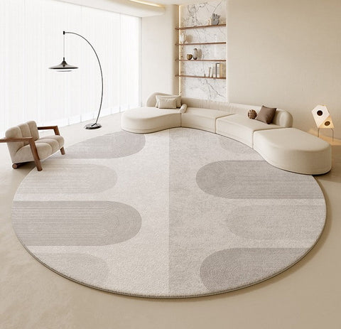 Abstract Modern Rugs for Living Room, Contemporary Round Rugs Next to Bed, Grey Geometric Carpets for Sale, Circular Rugs under Dining Room Table-ArtWorkCrafts.com