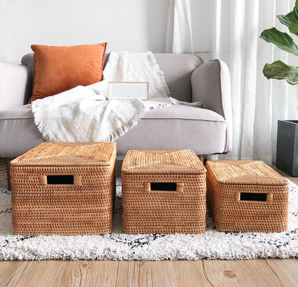 Rectangular Storage Basket with Lid, Kitchen Storage Baskets, Rattan Storage Baskets for Clothes, Storage Baskets for Living Room-ArtWorkCrafts.com
