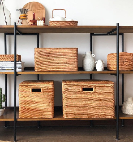 Rectangular Storage Basket with Lid, Rattan Storage Baskets for Shelves, Kitchen Storage Baskets, Storage Baskets for Clothes, Laundry Woven Baskets-ArtWorkCrafts.com
