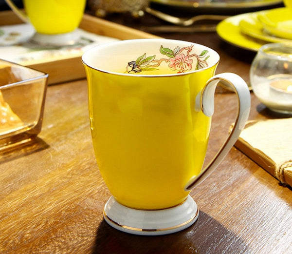 Creative Yellow Bone China Porcelain Tea Cup, Elegant Yellow Ceramic Mug, Unique Royal Ceramic Mugs, Beautiful British Tea Cups-ArtWorkCrafts.com