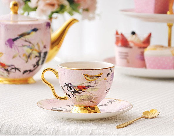 Elegant Pink Ceramic Coffee Cups, Unique Bird Flower Tea Cups and Saucers in Gift Box as Birthday Gift, Beautiful British Tea Cups, Royal Bone China Porcelain Tea Cup Set-ArtWorkCrafts.com