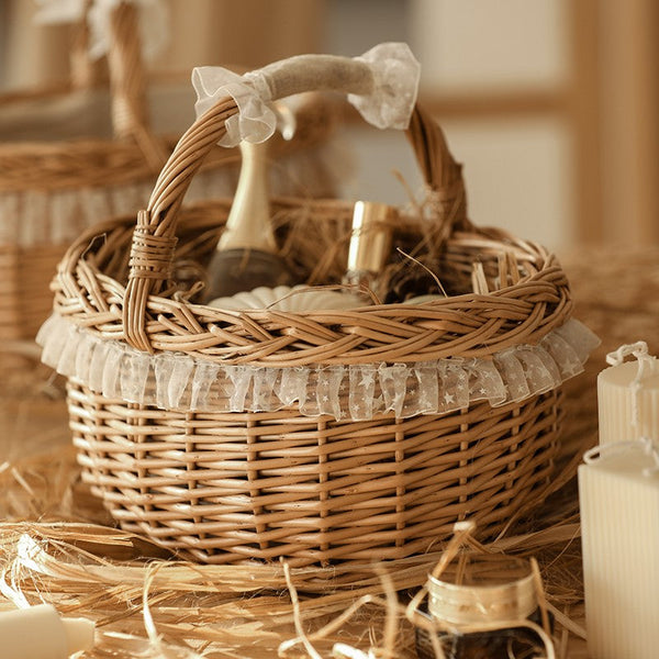 Storage Basket for Kitchen, Picnic Storage Basket with Handle, Hand-woven Wicker Storage Basket, Natural Fruit Basket, Willow Weaving Baskets for Shelves-ArtWorkCrafts.com