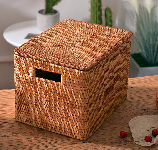 Wicker Rectangular Storage Basket with Lid, Extra Large Storage Baskets for Clothes, Kitchen Storage Baskets, Oversized Storage Baskets for Bedroom-ArtWorkCrafts.com