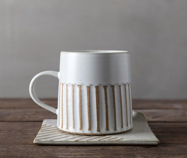 Latte Coffee Cup, Cappuccino Coffee Mug, 10 oz Coffee Cup and Saucer Set, Large Coffee Cup, Pottery Coffee Cups-ArtWorkCrafts.com