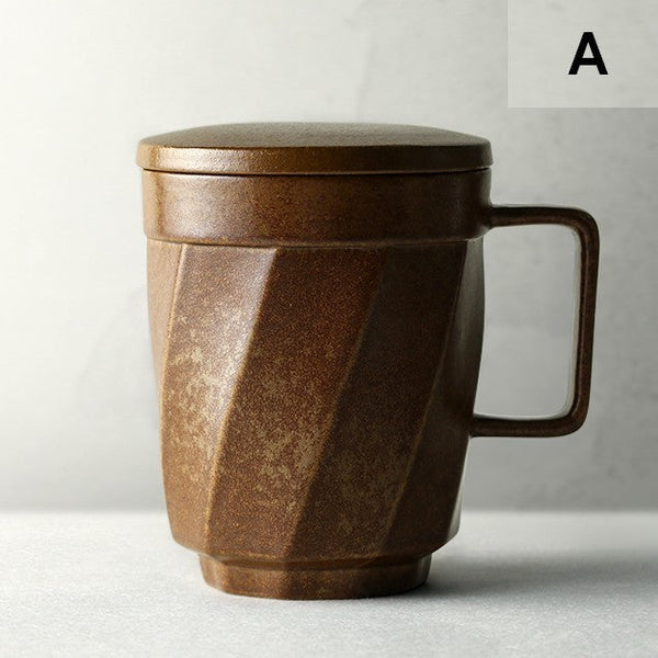 Creative Brown Green Blue Black Ceramic Coffee Mugs, Large Modern Handmade Pottery Coffee Cup, Large Unique Tea Cup, Large Capacity Coffee Mug with Cover-ArtWorkCrafts.com