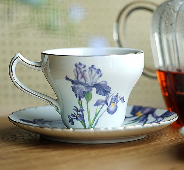 Beautiful Bone China Porcelain Tea Cup Set, Iris Flower British Tea Cups, Traditional English Tea Cups and Saucers, Unique Ceramic Coffee Cups in Gift Box-ArtWorkCrafts.com