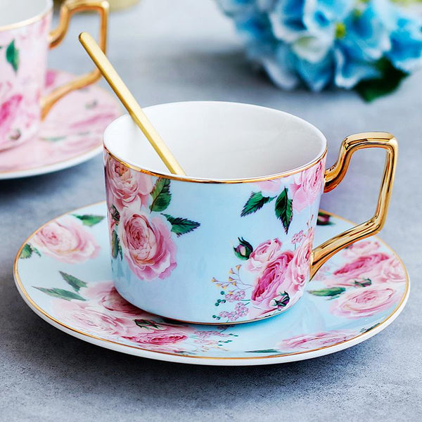 Blue Coffee Cups with Gold Trim and Gift Box, British Tea Cups, Porcelain Coffee Cups, Rose Flower Tea Cup and Saucer, Latte Coffee Cups-ArtWorkCrafts.com